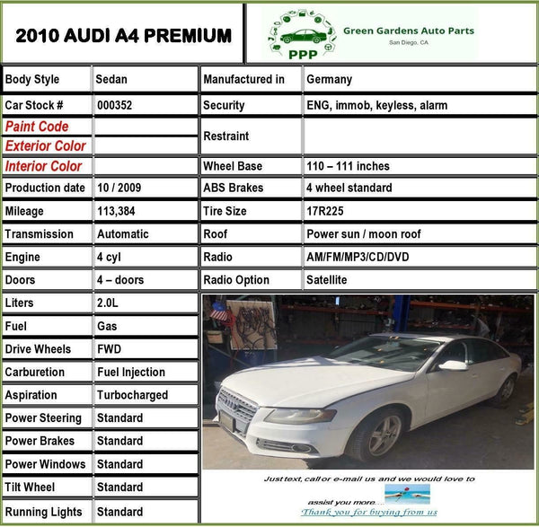2009 - 2012 AUDI A4 Front Fender Right Passenger Side RH 4 Door 2.0L S –  Green Garden Auto Parts